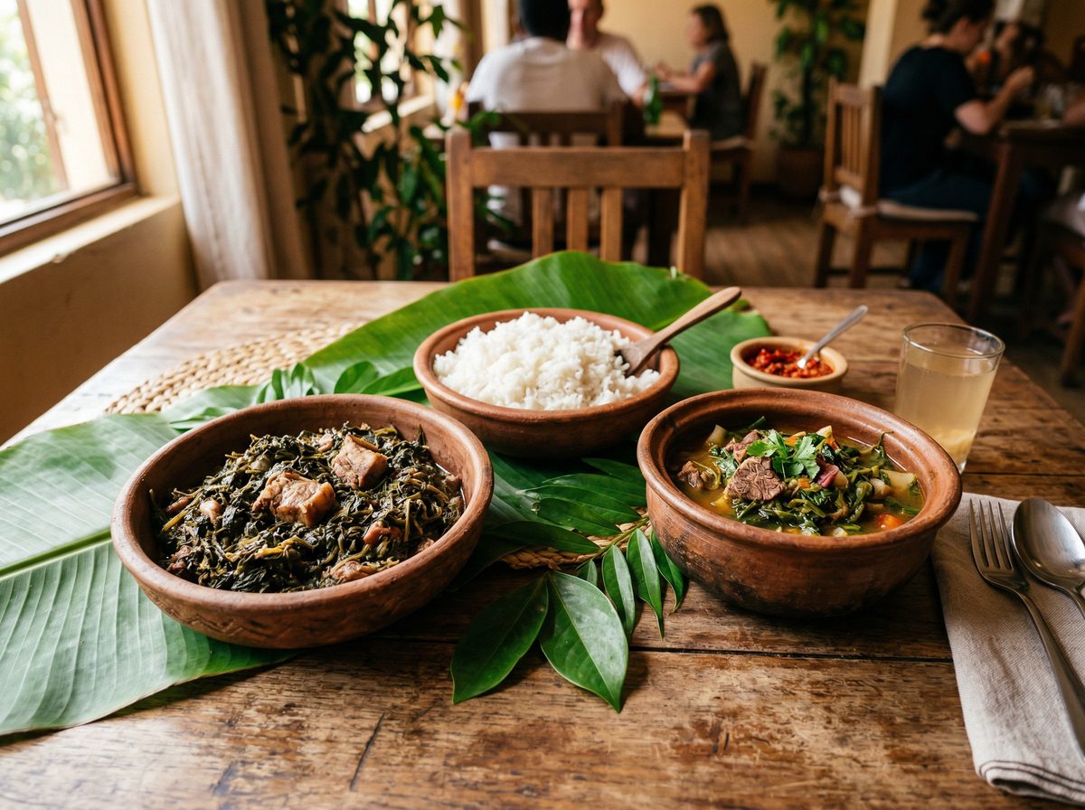 Plats malgaches traditionnels: ravitoto, romazava et riz blanc