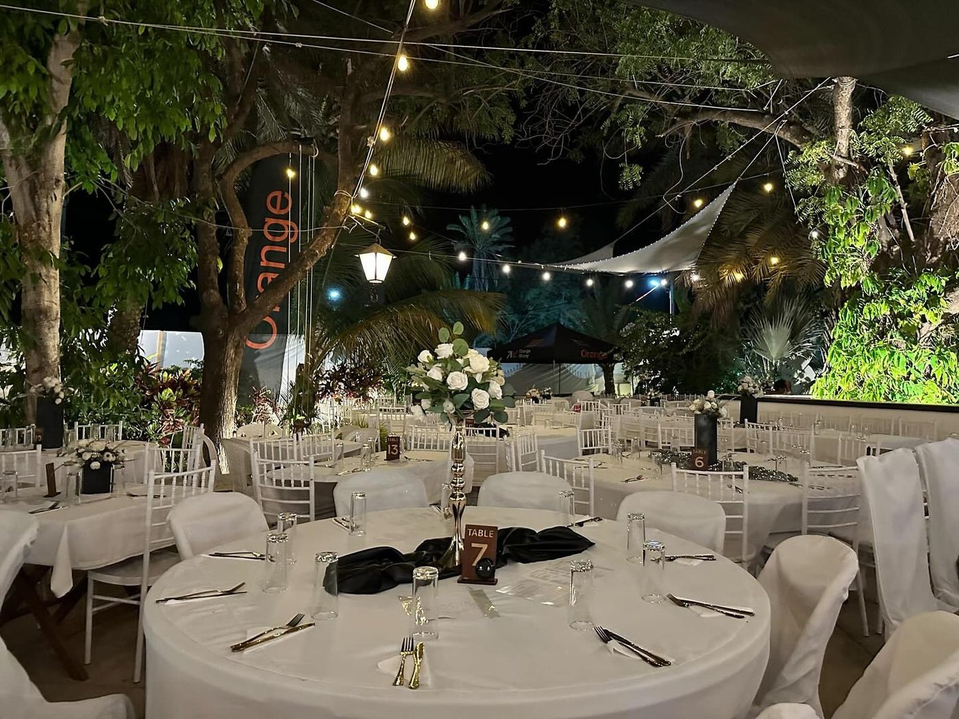Tables blanches élégantes sous les arbres avec guirlandes lumineuses pour un gala